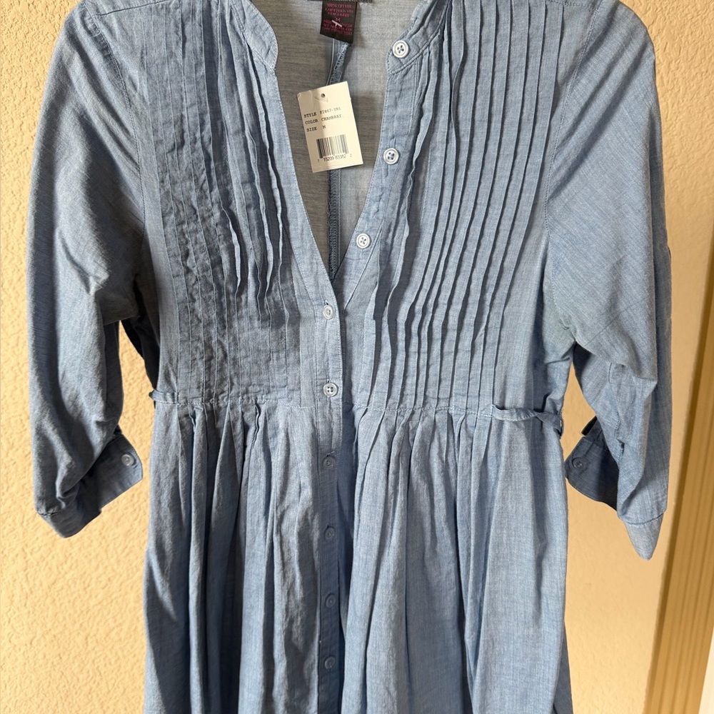 Fire Los Angeles Chambray Pintuck Button-Front Tunic in Light Blue